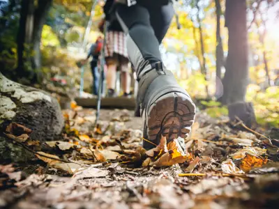 Hiker woman with trekking sticks climbs steep on mountain trail, focus on boot