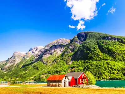 View on Norwegian Sognefjord  with a typical red house