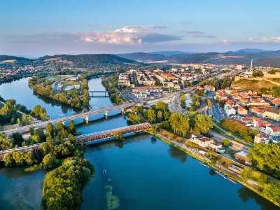 View of the Vah river at Trencin, Slovakia.