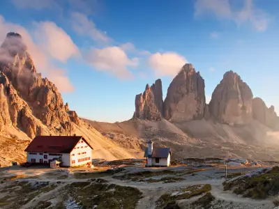 Dolomites mountain panorama in Italy at sunset - Tre Cime di Lavaredo